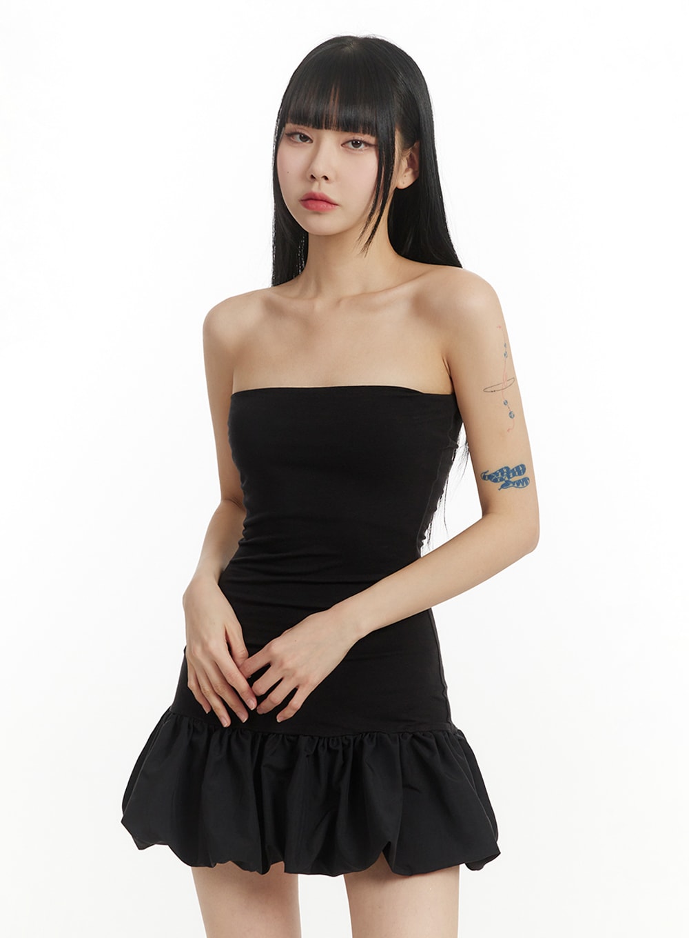 Solid Strapless Mini Dress with Ruffled Hem IM406