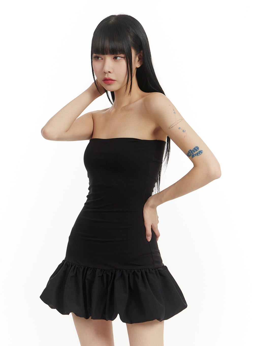 Solid Strapless Mini Dress with Ruffled Hem IM406