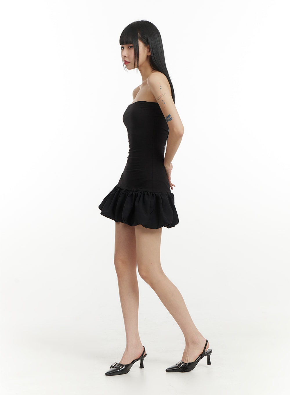 Solid Strapless Mini Dress with Ruffled Hem IM406