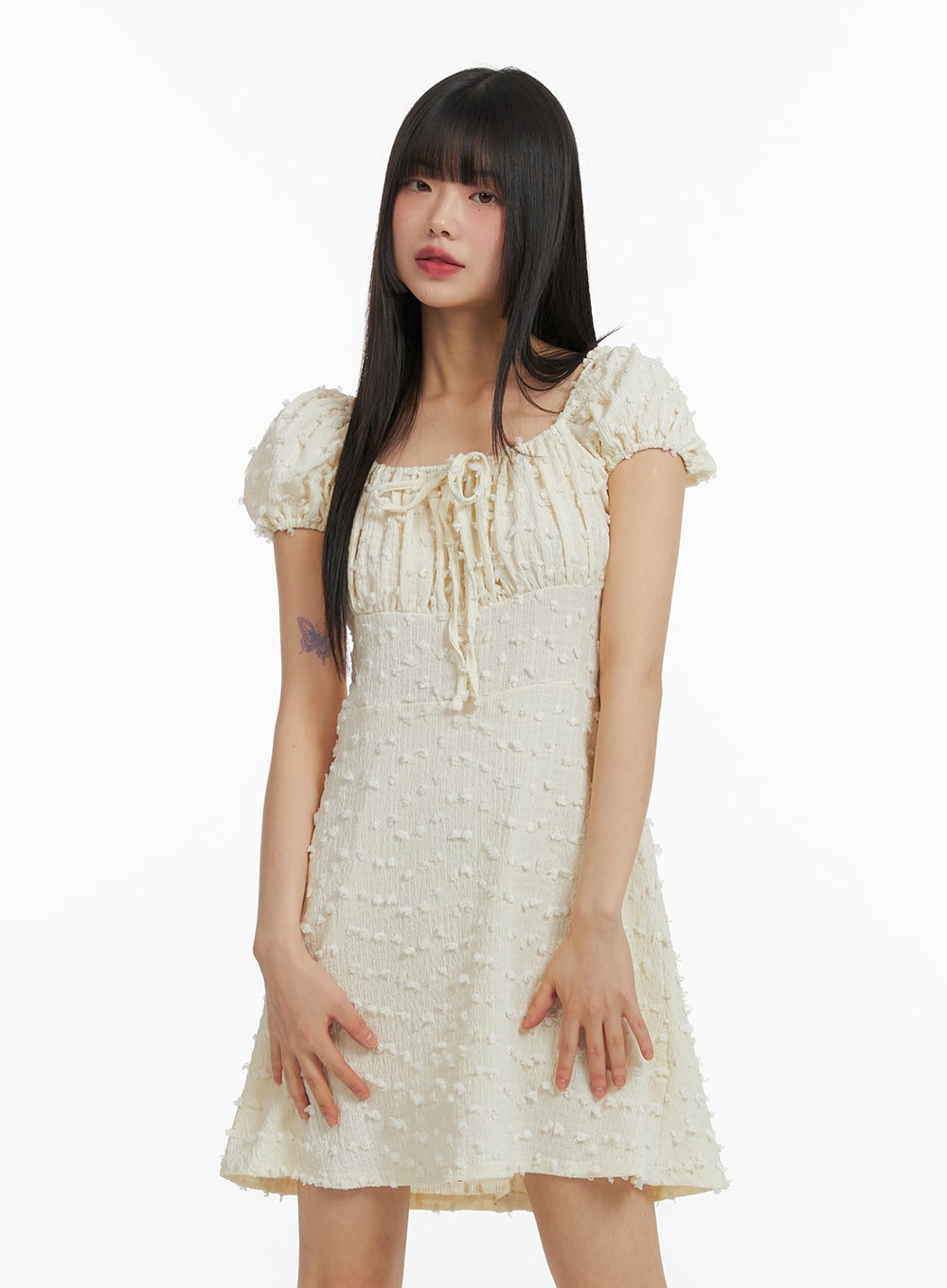 Square Neck Puff Sleeve Dress with Drawstring - CF416