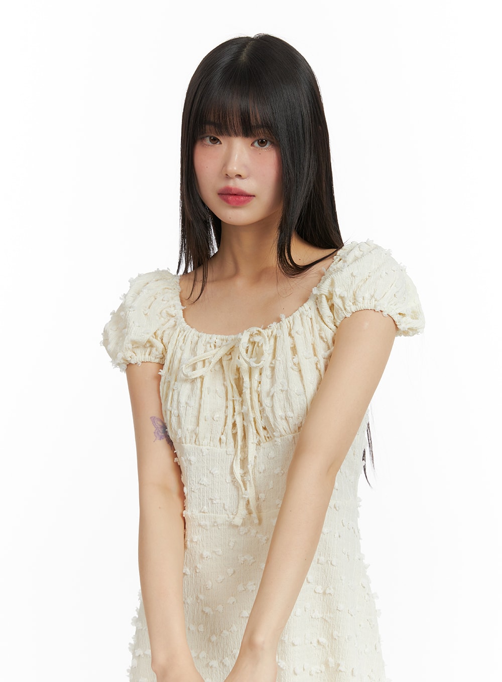 Square Neck Puff Sleeve Dress with Drawstring - CF416