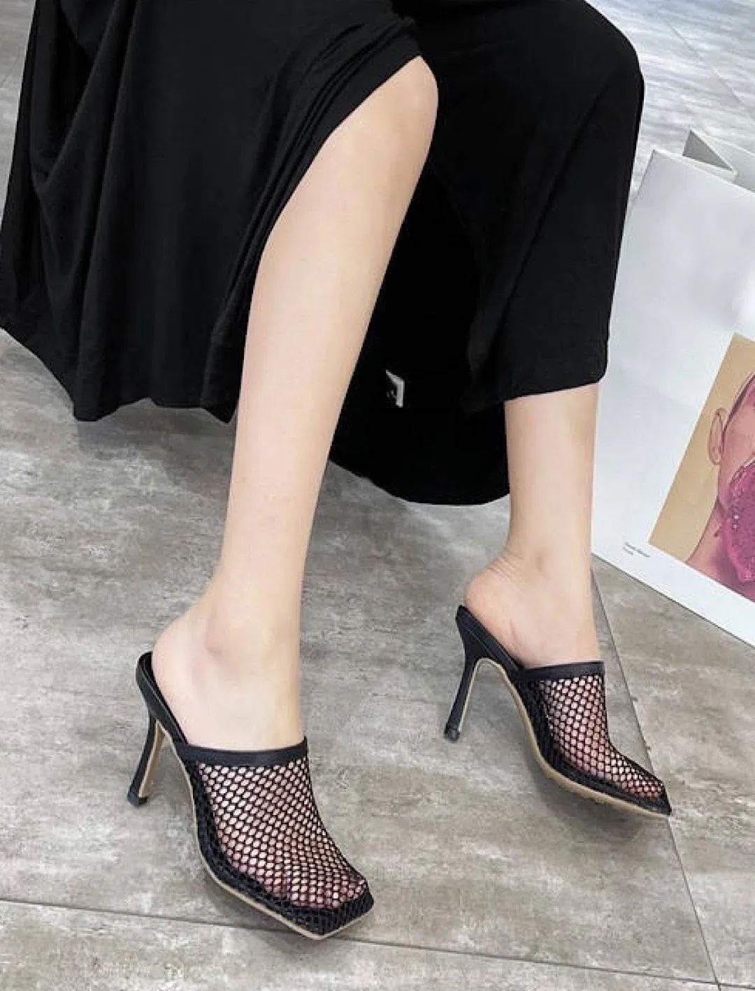 Square Toe Mesh Sandal Heels