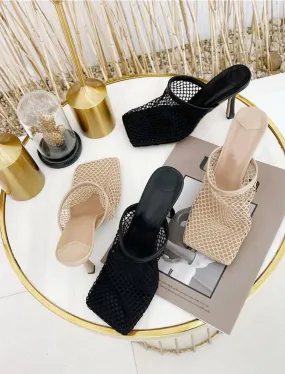 Square Toe Mesh Sandal Heels