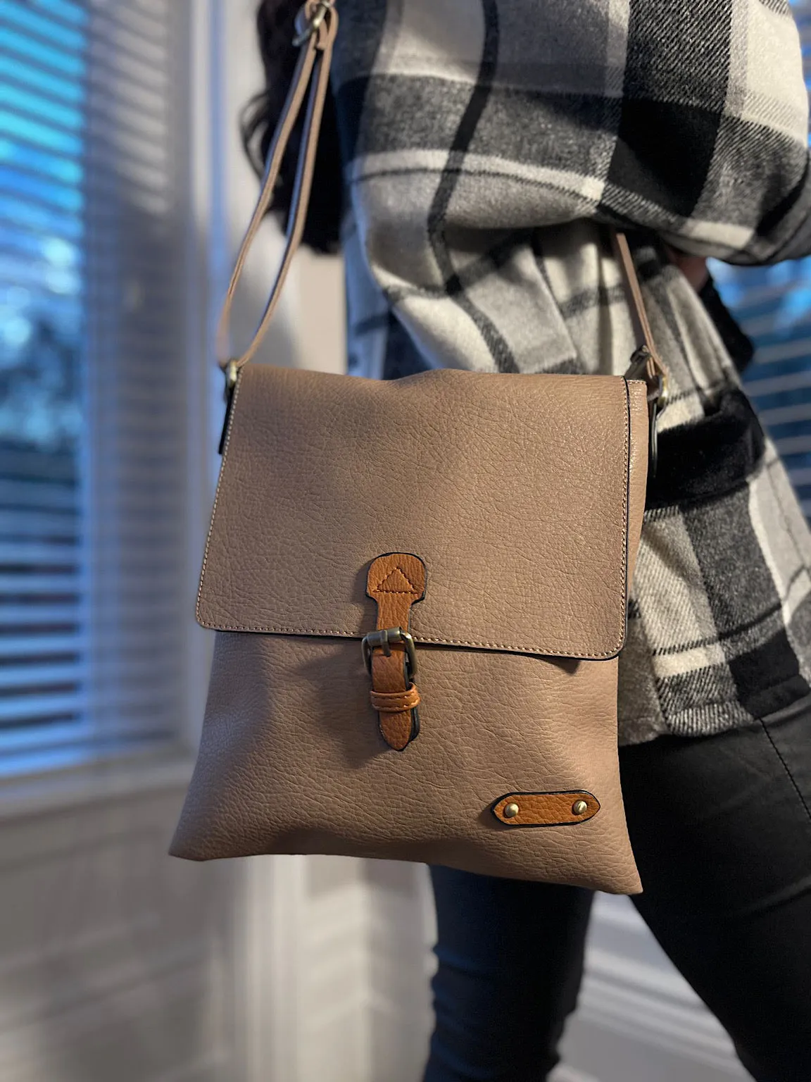 taupe buckle satchel