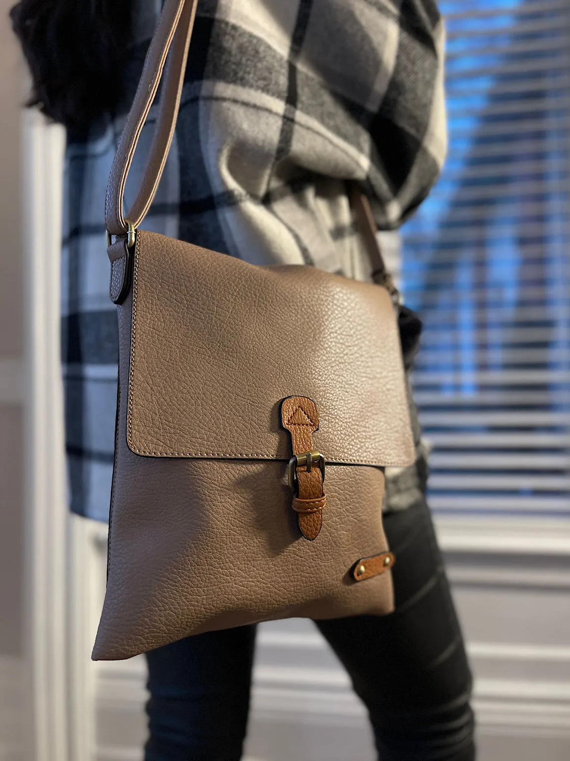 taupe buckle satchel