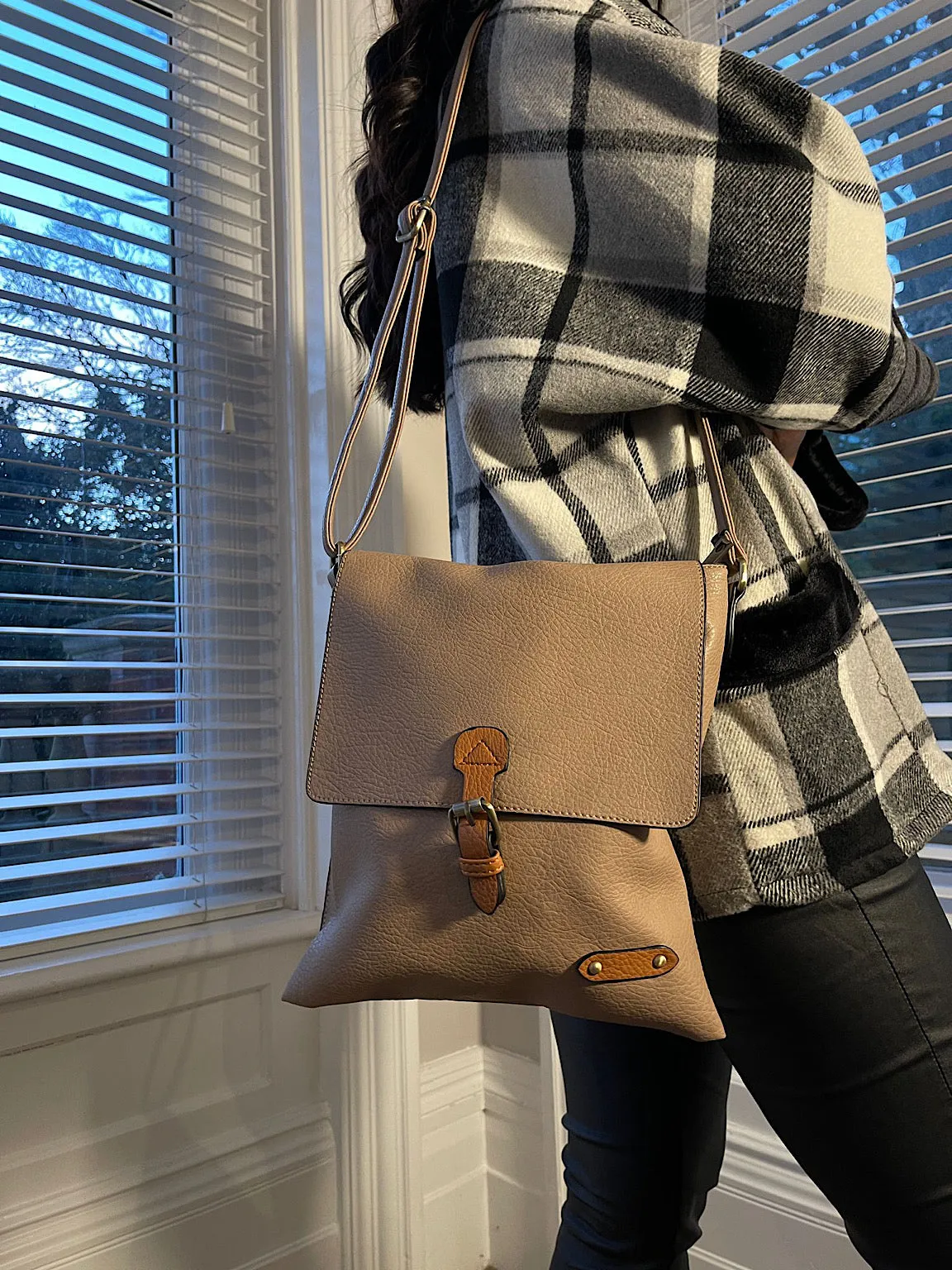 taupe buckle satchel