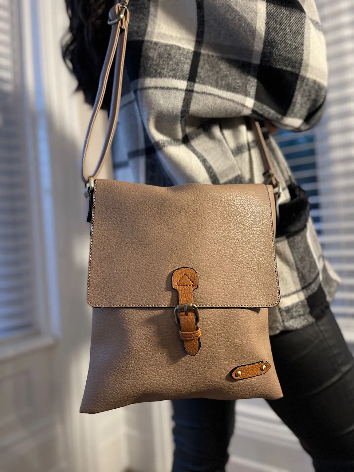 taupe buckle satchel