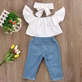 Toddler Girl's Off Shoulder Wide Sleeve White Shirt and Frayed Jeans Set | 3-Piece Set