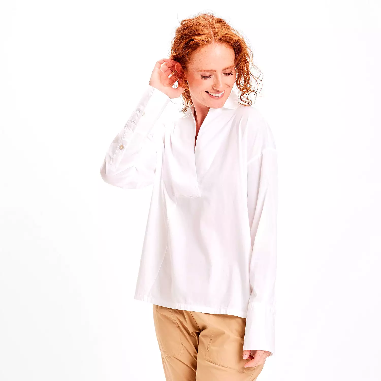 V-neck and collar poplin shirt - White