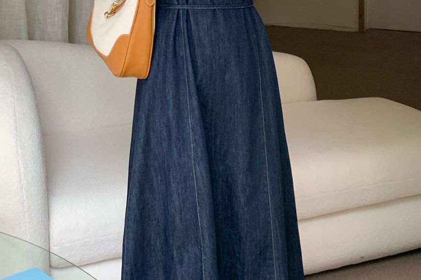 Washed Denim Overall Dress midi length