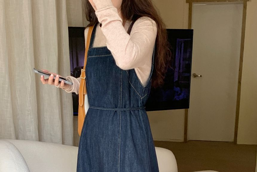 Washed Denim Overall Dress midi length