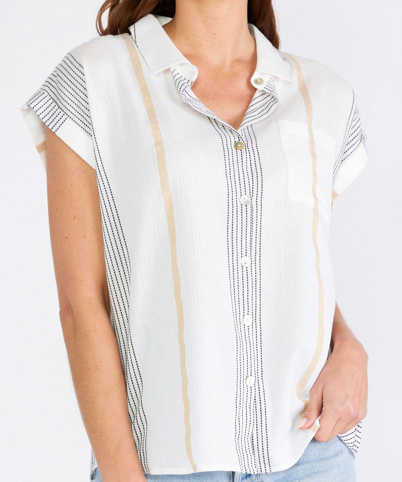 White and Gold Striped Button Up Shirt