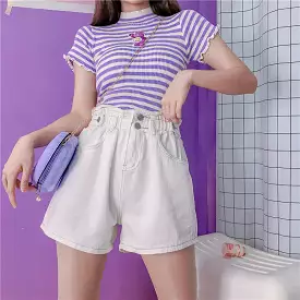 White high waist denim shorts elastic waistband BY62050.