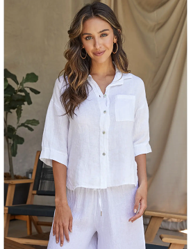 White linen button down shirt 3/4 sleeve.