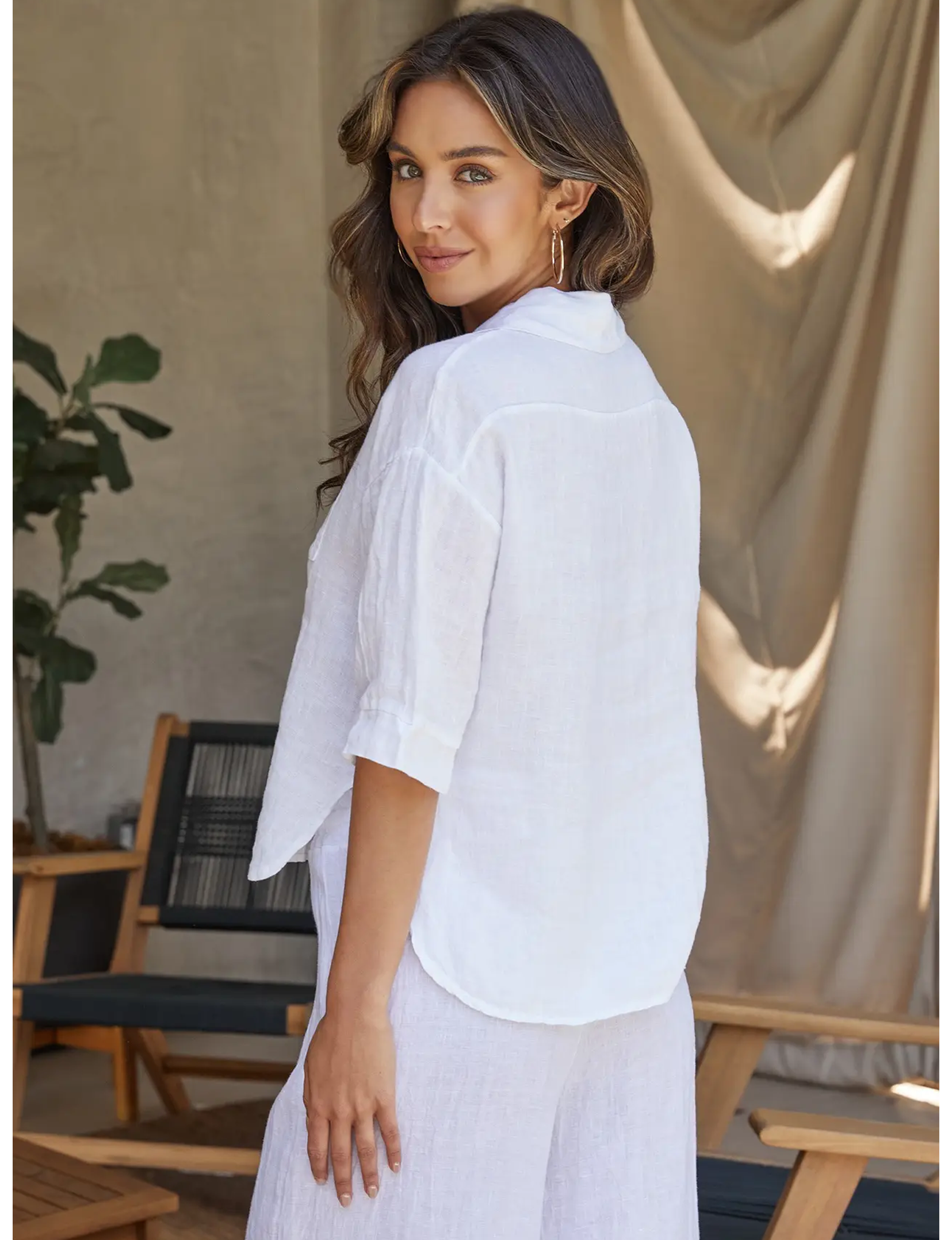 White linen button down shirt 3/4 sleeve.