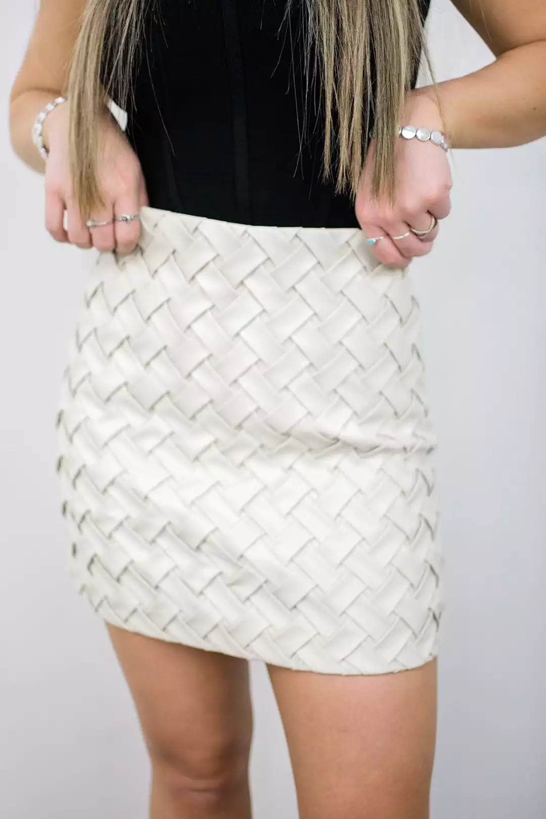 Woven Leather Mini Skirt in Beige