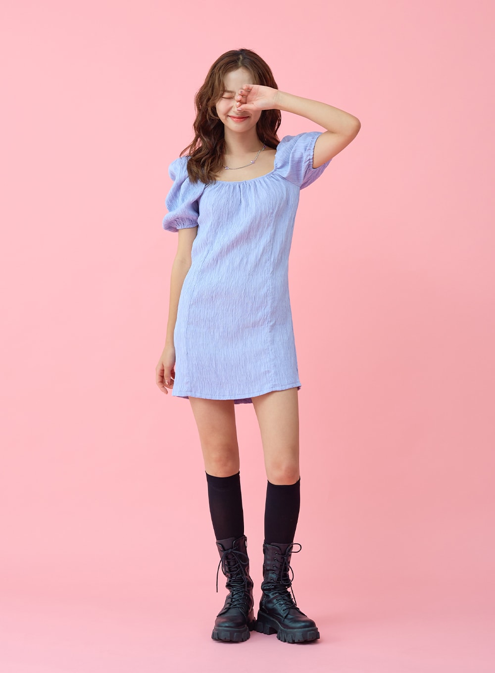 Wrinkle Puff Off Shoulder Mini Dress - BU1507 | Buy Now