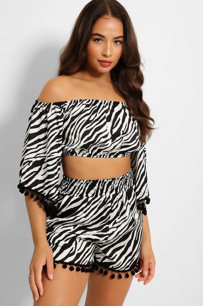 Zebra Print Crop Top and Shorts Set with Pom Pom Trim