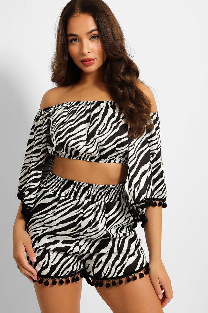 Zebra Print Crop Top and Shorts Set with Pom Pom Trim